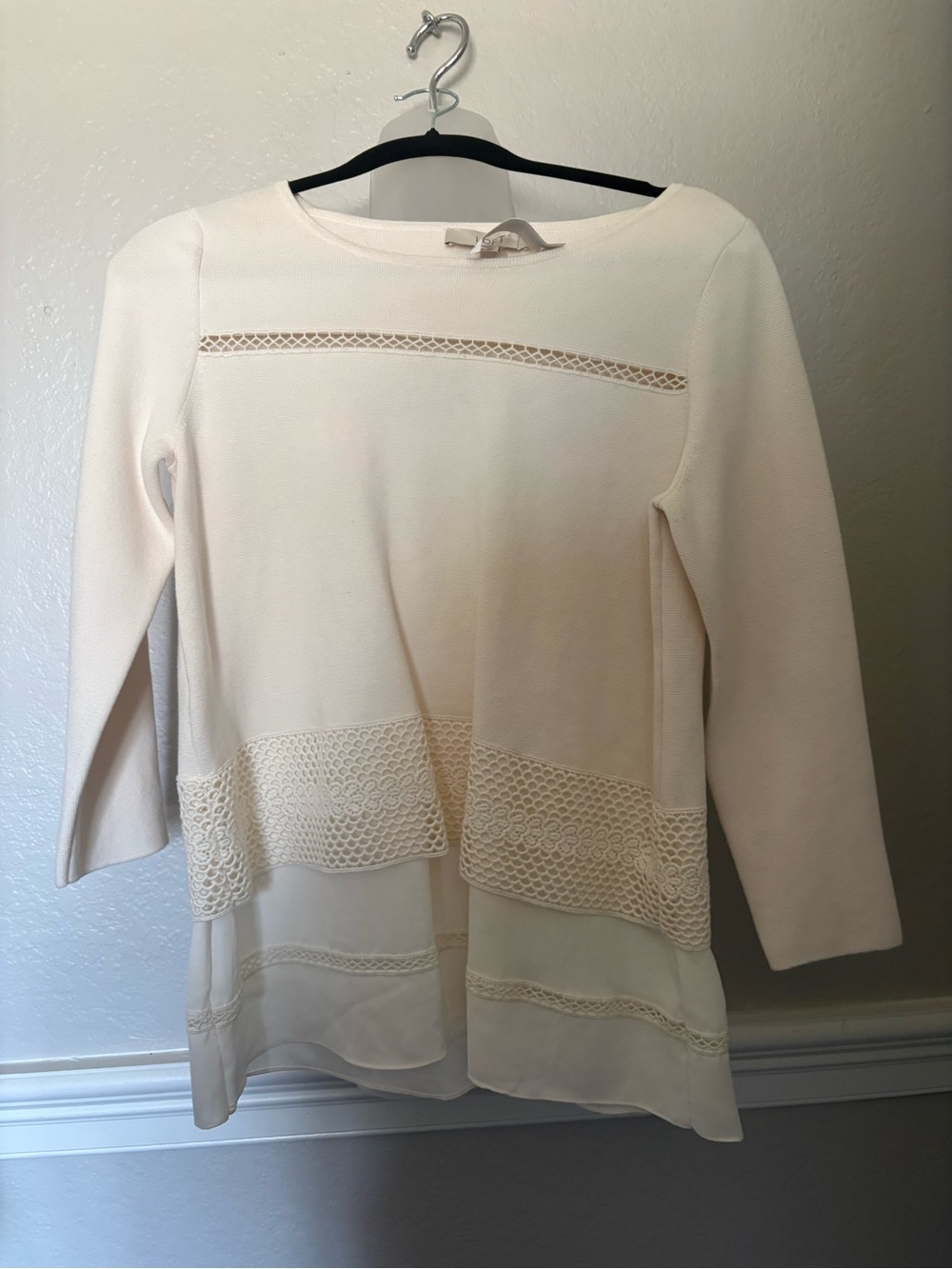 LOFT Cream Knit Top with Lace Insets - Picture 2 of 6
